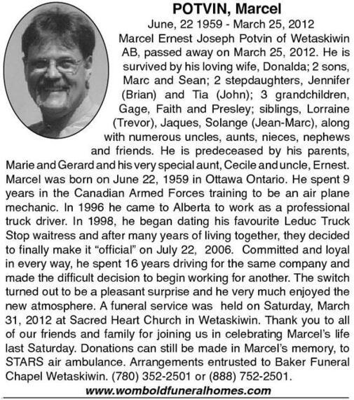 Marcel Potvin | Obituary | Wetaskiwin Times