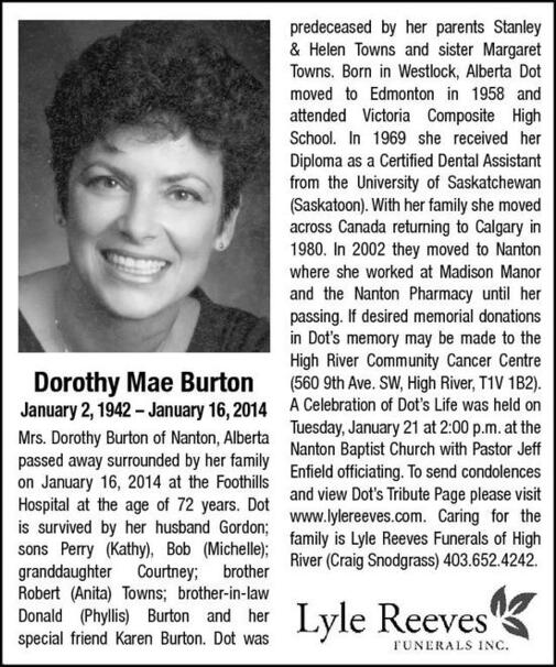 Dorothy Burton Obituary Nanton News