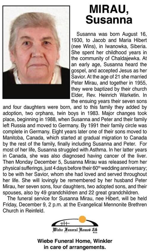 Susanna Wiebe Funeral Home Ltd Mirau Obituary Winkler Times