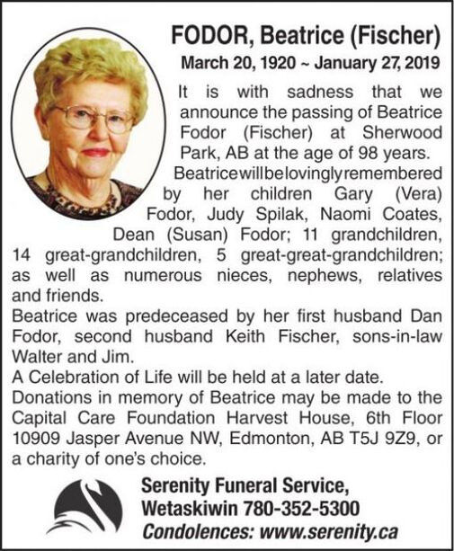 Beatrice Fischer FODOR Obituary Wetaskiwin Times