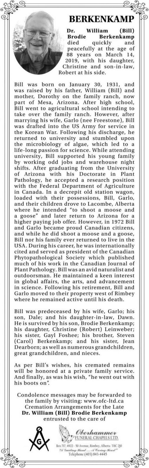 William Brodie Bill BERKENKAMP Obituary Lacombe Globe