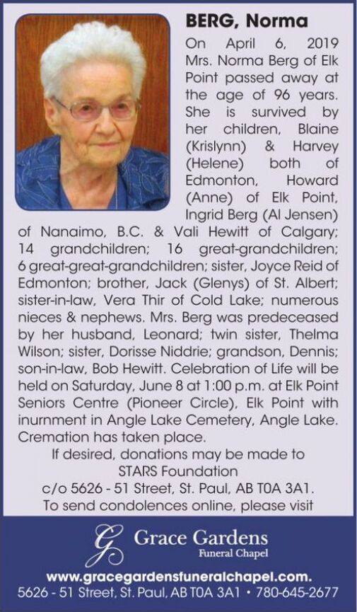 Norma Berg Obituary Vermilion Standard