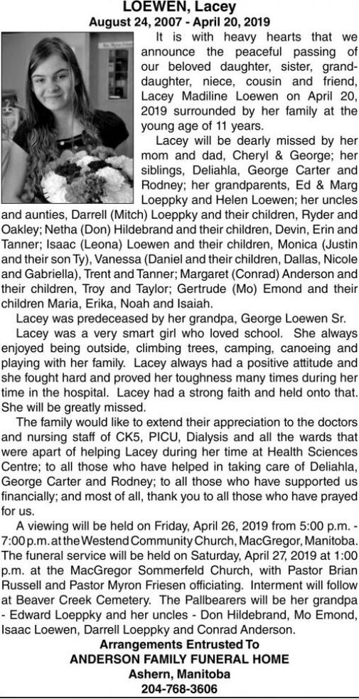 Lacey LOEWEN | Obituary | The Graphic Leader