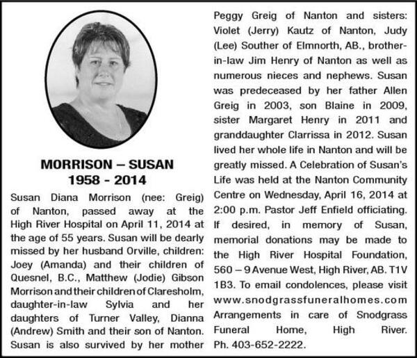 Susan Morrison Obituary Nanton News