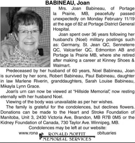 Joan BABINEAU | Obituary | The Graphic Leader