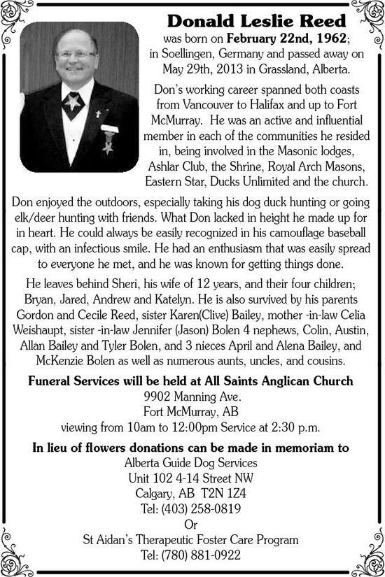 Donald Reed Obituary Fort McMurray Today