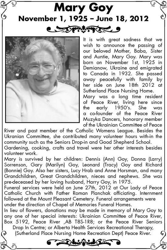 Mary Goy | Obituary | Peace River Record Gazette