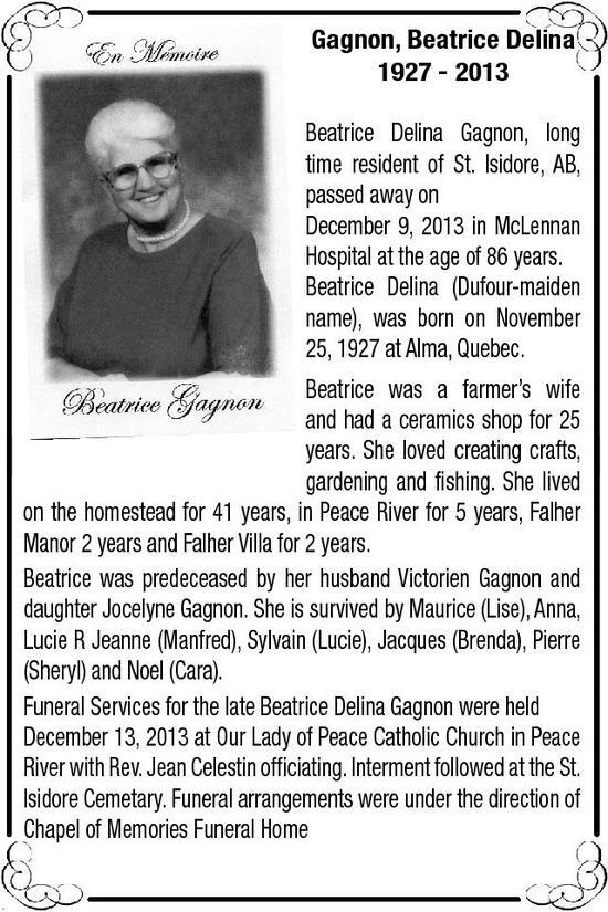 Beatrice Gagnon Obituary Peace River Record Gazette