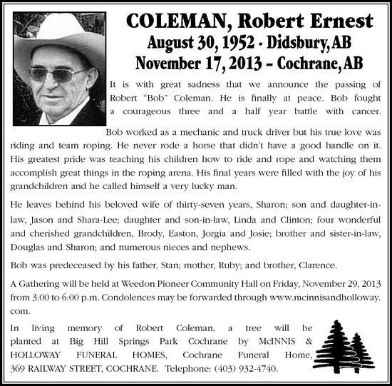 Robert Coleman Obituary Cochrane Times