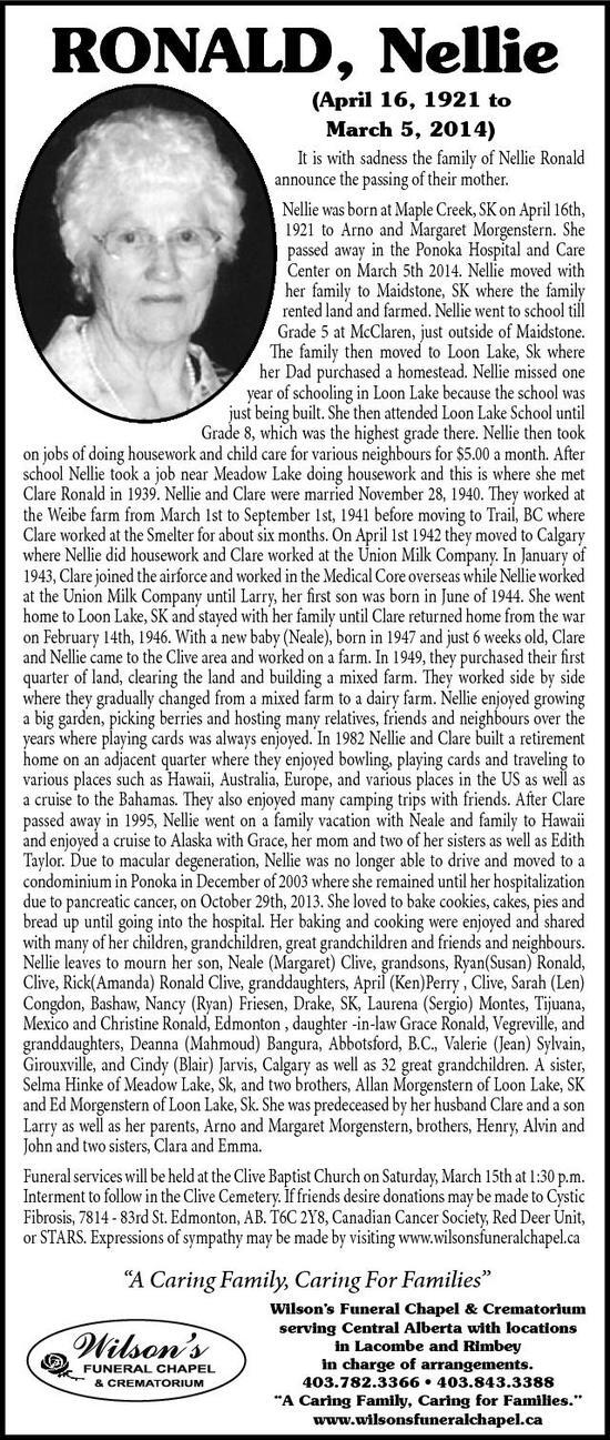 Nellie Ronald | Obituary | Lacombe Globe