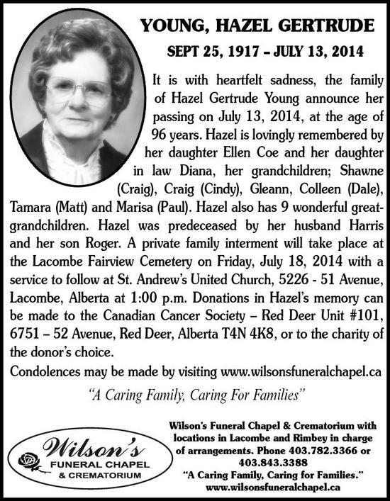 Hazel-Gertrude Young | Obituary | Lacombe Globe