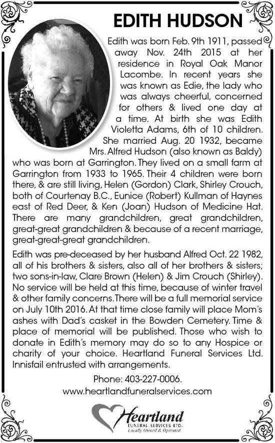 Edith Hudson Obituary Globe