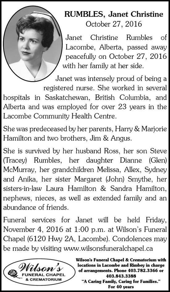 Janet Christine Rumbles | Obituary | Lacombe Globe