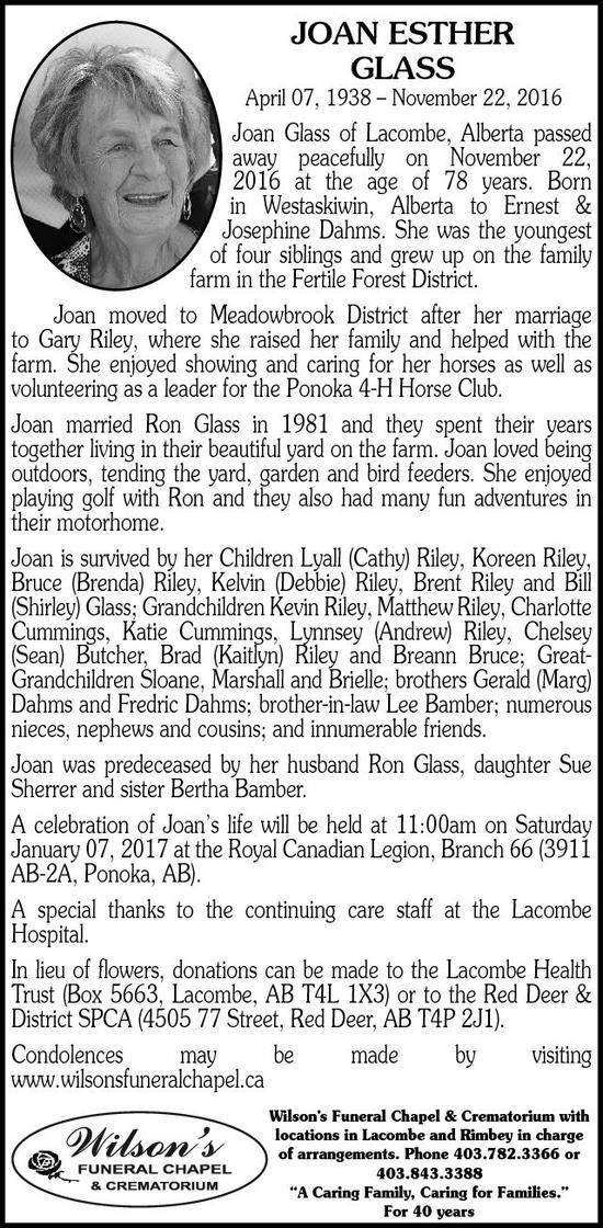 Joan Glass | Obituary | Lacombe Globe