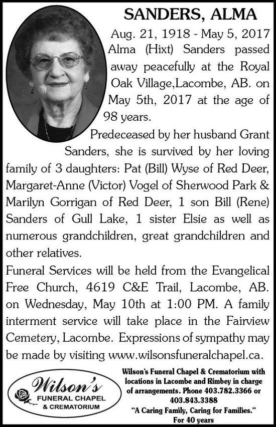 Alma Sanders Obituary Lacombe Globe