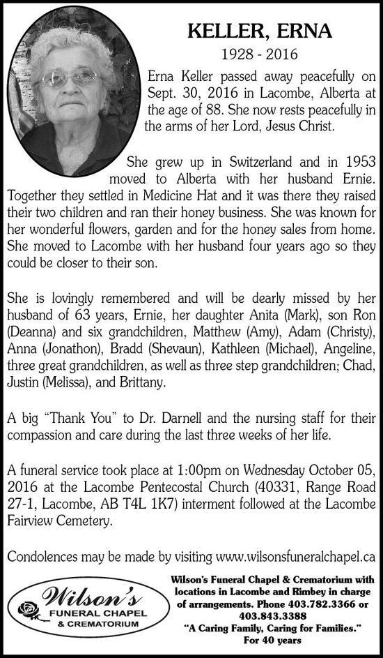 Erna Keller | Obituary | Lacombe Globe