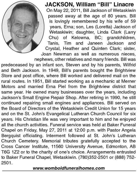 William Jackson Obituary Wetaskiwin Times