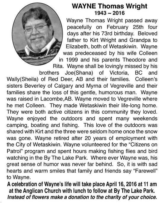 Wayne Wright Obituary Wetaskiwin Times