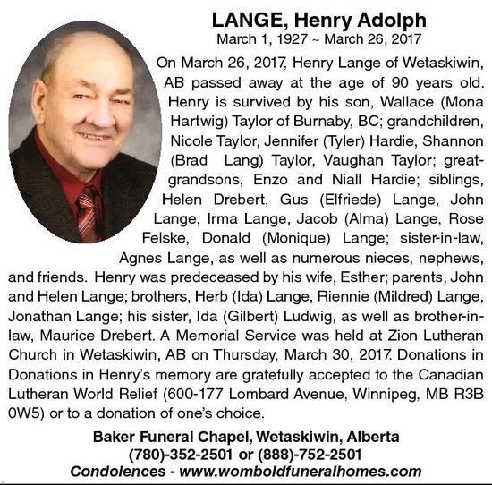 Henry Lange Obituary Wetaskiwin Times