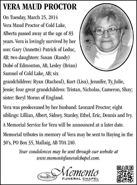 Vera Proctor | Obituary | Cold Lake Sun