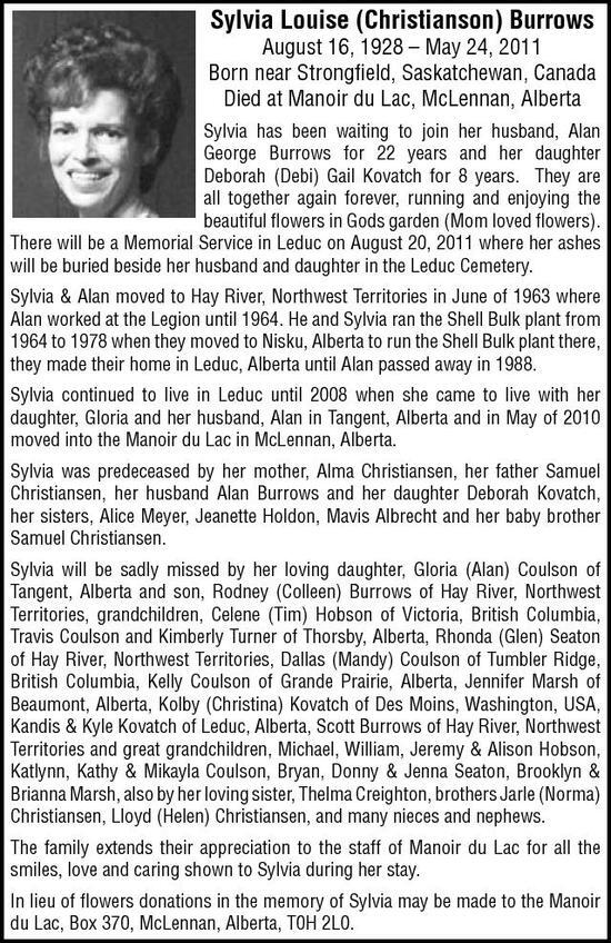 Sylvia Louise (Christianson) Burrows August 16 | Obituary | Leduc Rep
