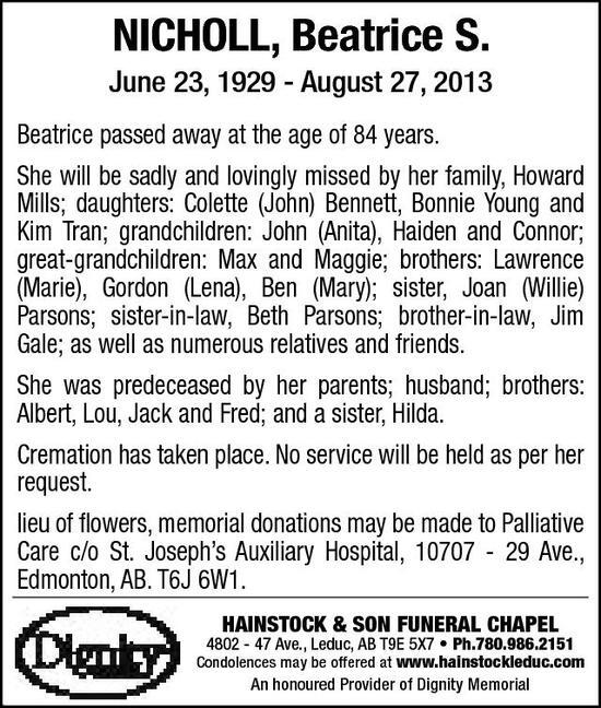 Beatrice Nicholl Obituary Leduc Rep