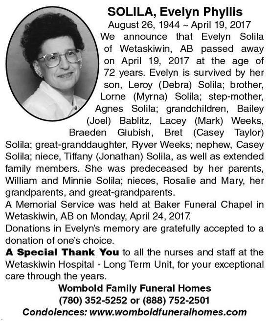 Evelyn-Phyllis Solila | Obituary | Leduc Rep