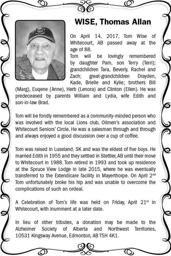 ThomasAllan Wise Obituary Mayerthorpe Freelancer