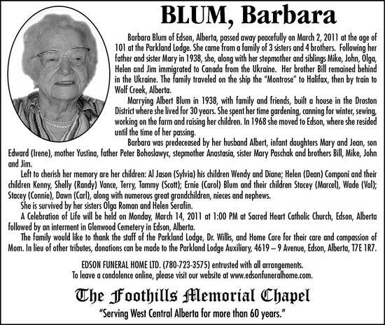 Barbara BLUM | Obituary | Edson Leader