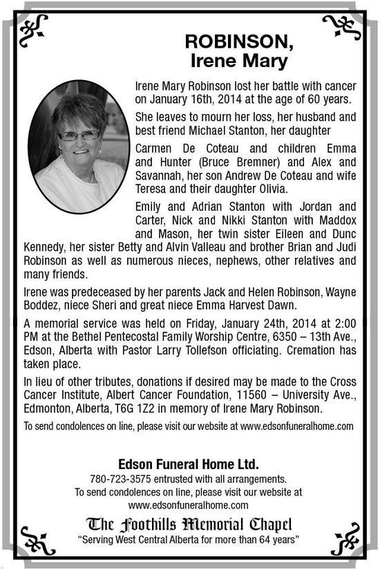 Irene Robinson | Obituary | Edson Leader