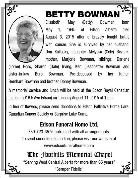 Betty Bowman Obituary Edson Leader