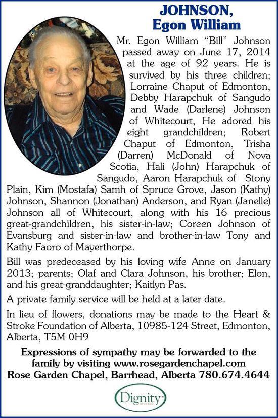 Egon Johnson | Obituary | Whitecourt Star