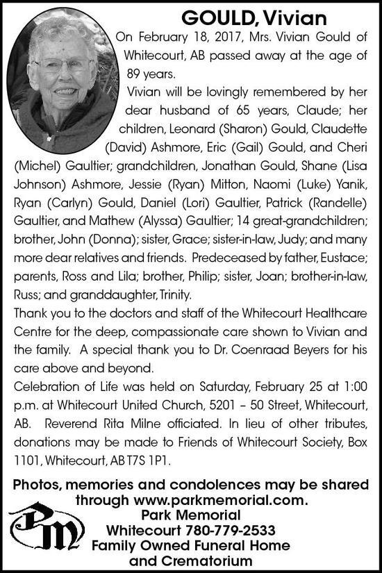 Vivian Gould | Obituary | Whitecourt Star