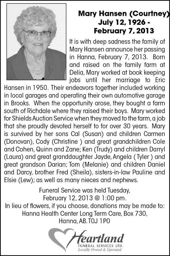 Mary Hansen | Obituary | Hanna Herald