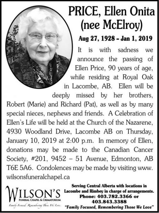 Ellen Onita Nee Mcelroy Price Obituary Lacombe Globe