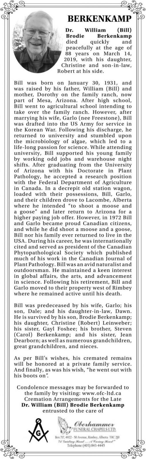 William Brodie Bill BERKENKAMP Obituary Lacombe Globe