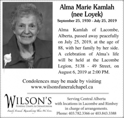 Alma Marie Nee Loyek Kamlah Obituary Lacombe Globe