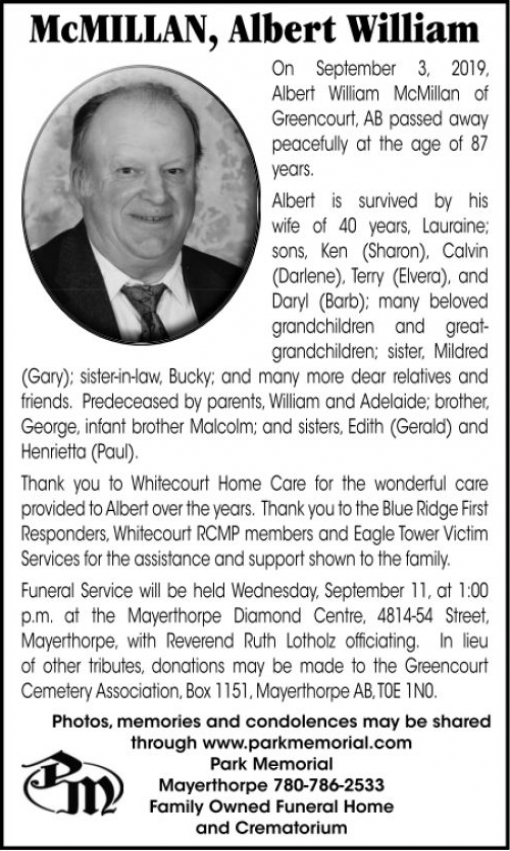 Albert William McMILLAN Obituary Whitecourt Star