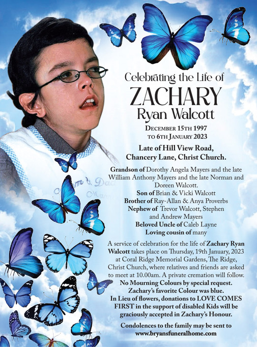 ZACHARY RYAN WALCOTT | Obituary | Nation News