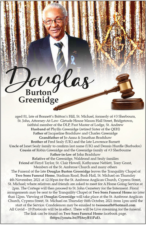 DOUGLAS BURTON GREENIDGE Obituary Nation News